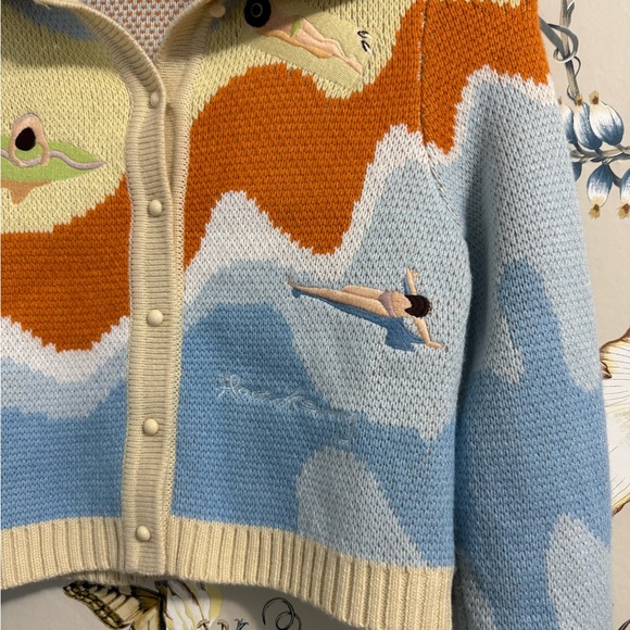 House of Sunny Souvenir Cardigan Sweater Ivory Blue Multi Size 4 - Picture 7 of 15